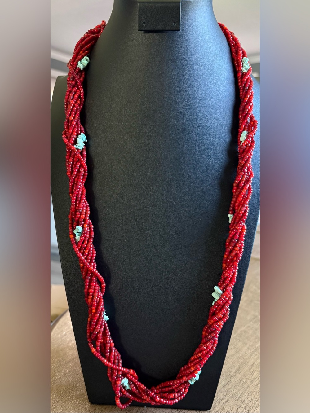 Chunky Red Seed Bead & Turquoise Statement Necklace Coastal Boho